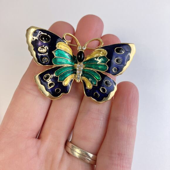 VTG 1980s Gold Tone Enamel Butterfly Brooch Blue Green Glass Rhinestone Pin - Picture 2 of 8